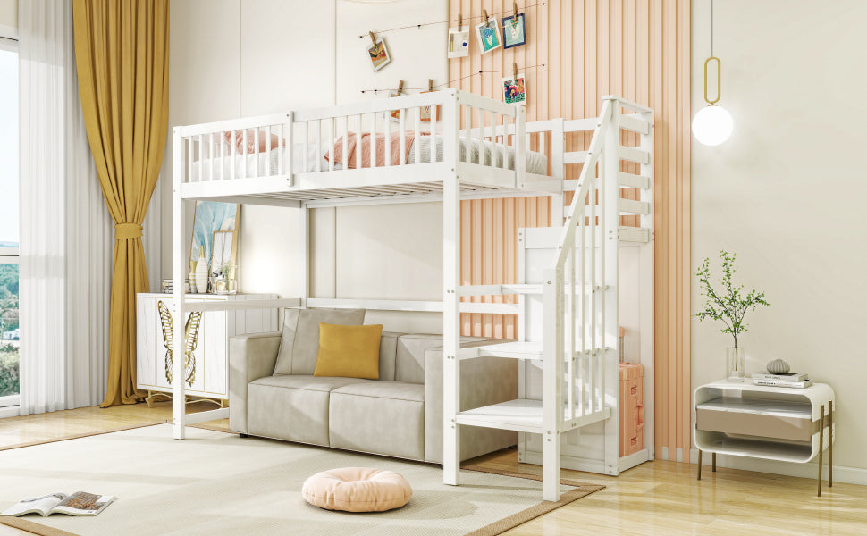 Loft Bed 90x200 with Stairs Storage Shelf Wardrobe, White Wooden