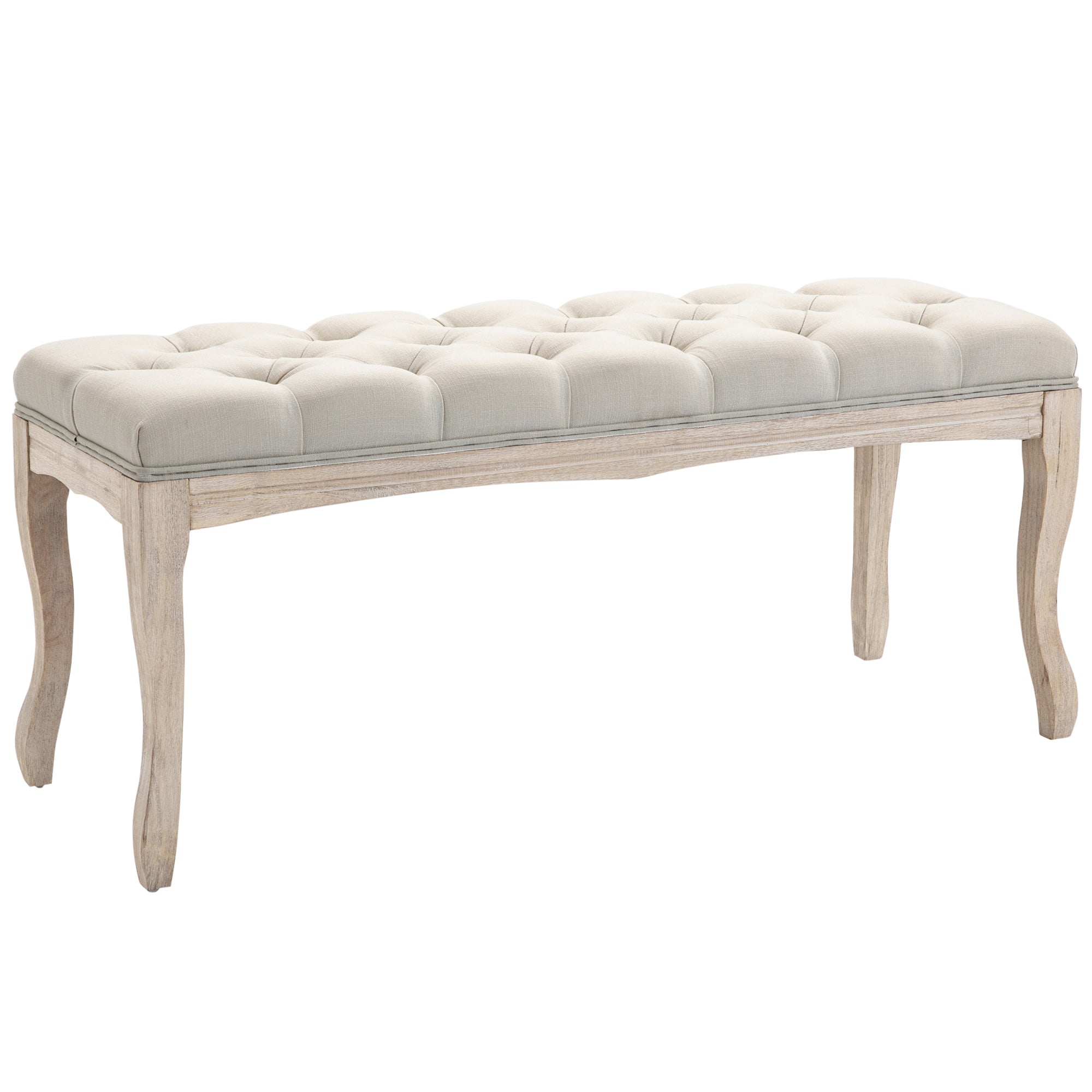 Upholstered bench vintage bed bench for bedroom & living room, rubberwood with linen cover, beige