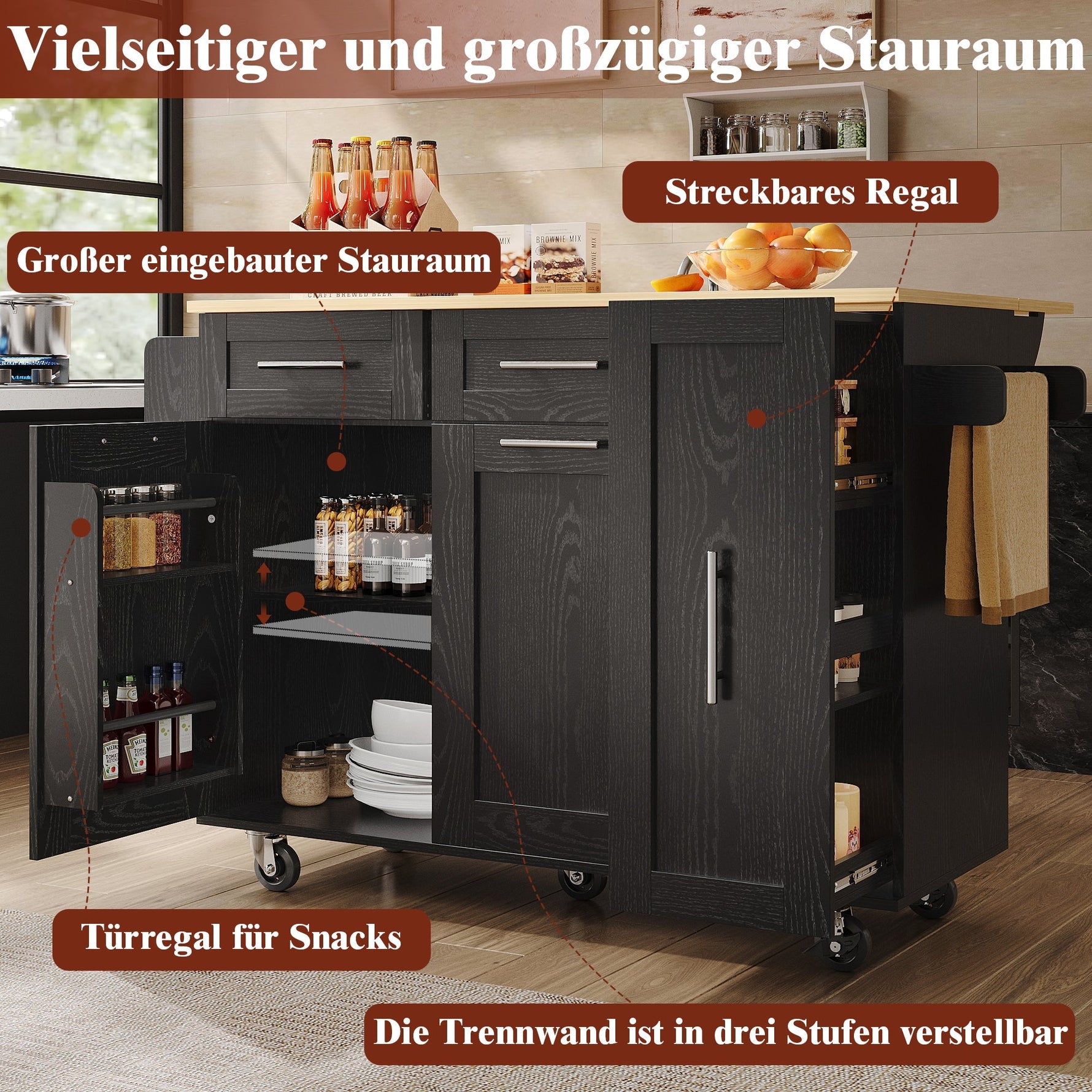Mobile Kitchen Island Dining Table Extendable Storage - Wood Grain Black