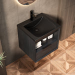 Floating Bathroom Vanity Unit with Ceramic Sink and Storage Drawer, Black Wood Grain