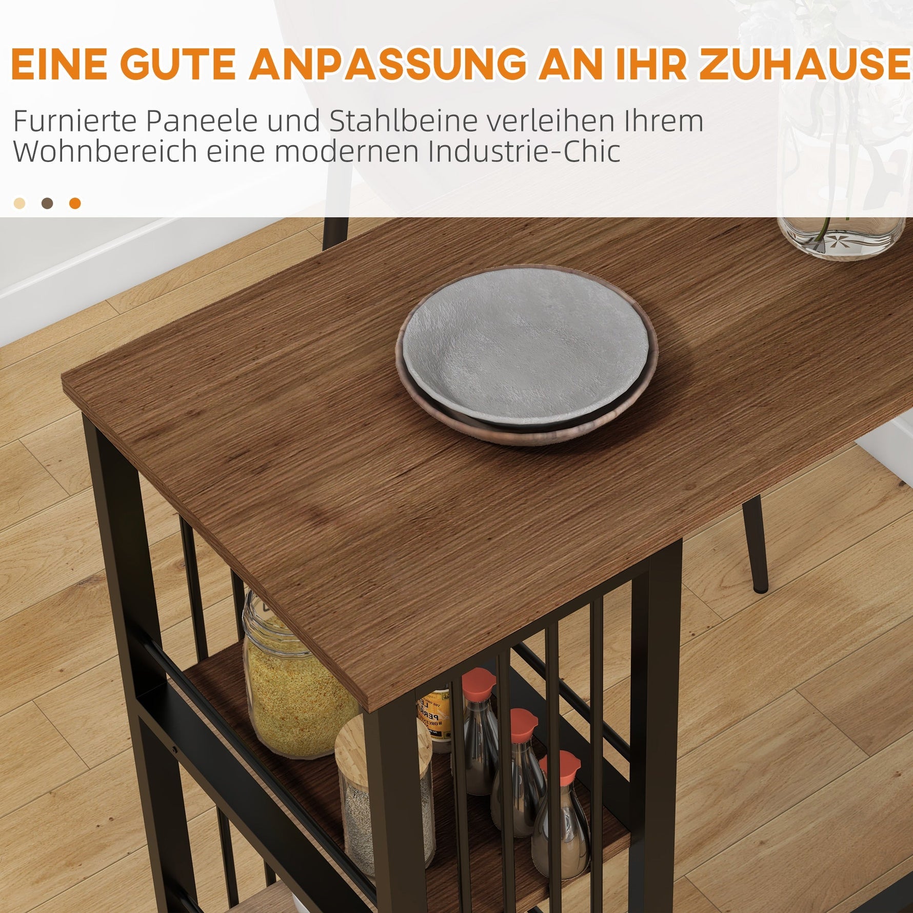 Bar Table, 3 Shelves, Kitchen, Steel Frame, Brown
