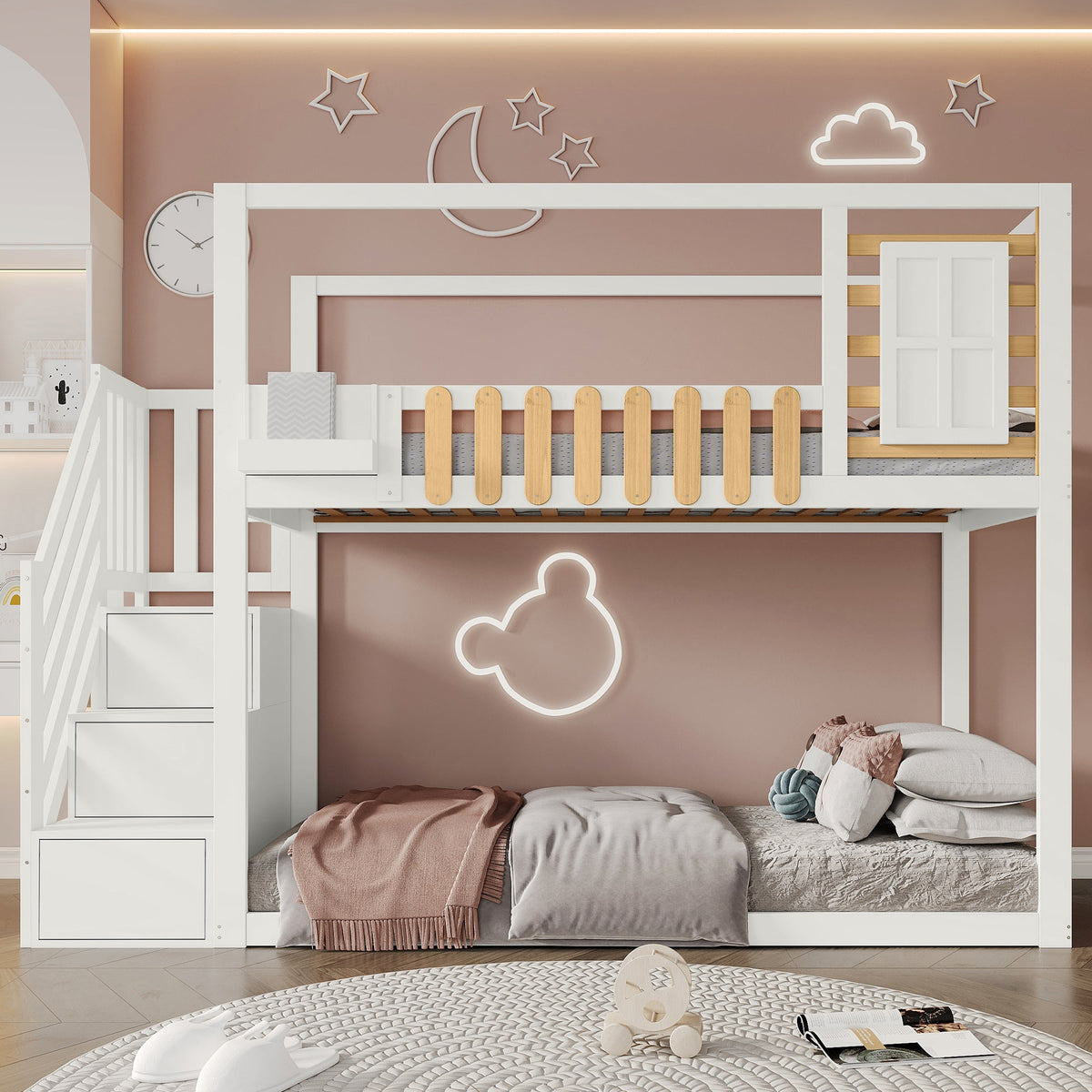 Bunk Bed with Stairs, Window & Shelf, Pine, White 90x200cm