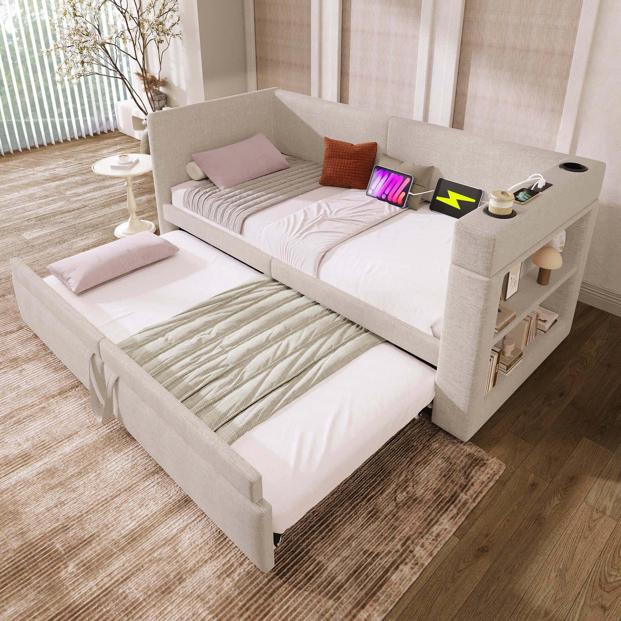 Upholstered Daybed Sofa Bed 90x200cm Pull-out USB/Type-C Armrests Linen Beige