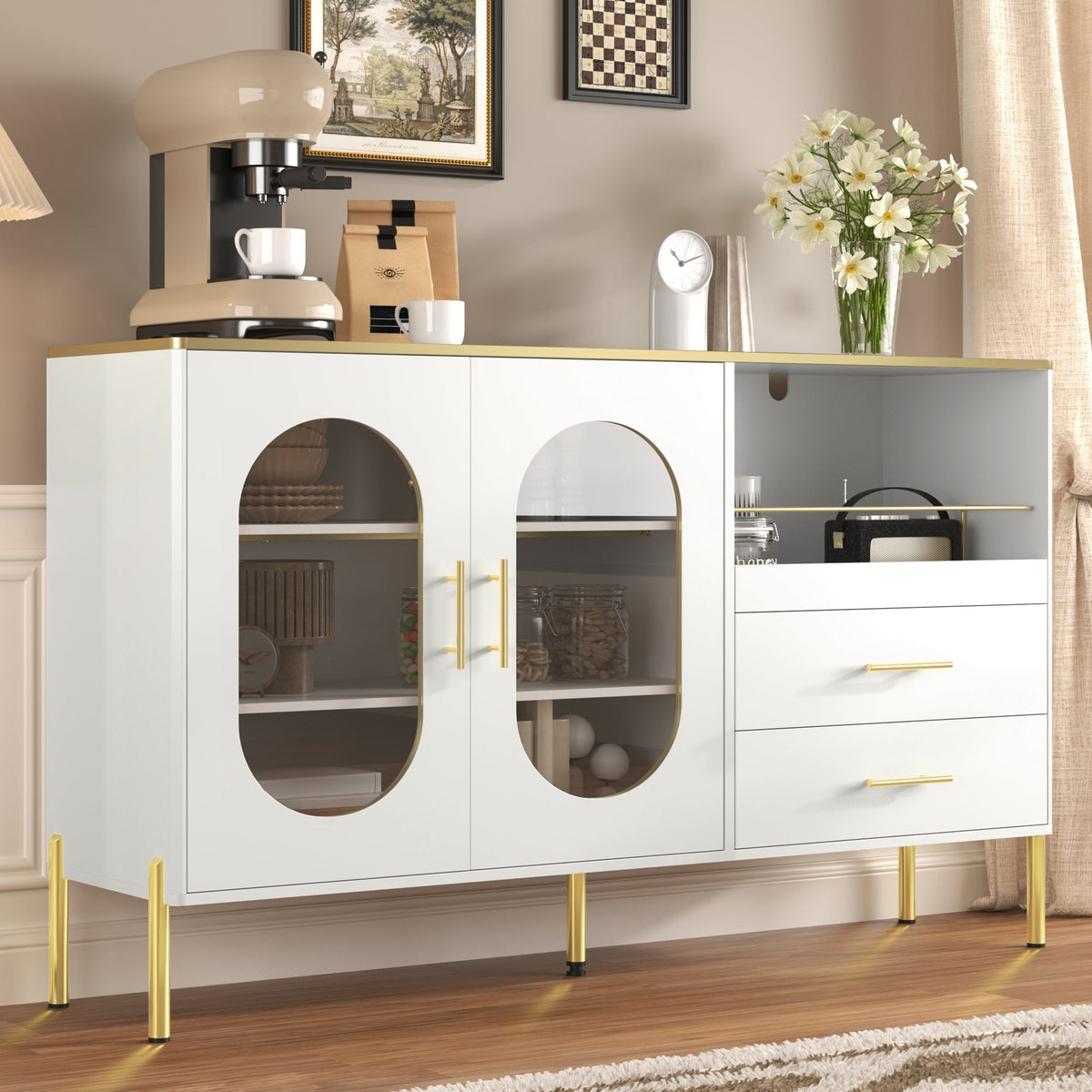 Sideboard Cabinet, 2 Drawers 2 Glass Doors Modern, White Gold Accents