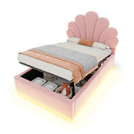 Upholstered Bed 90x200cm, Flower Headboard & Storage, Pink Velvet