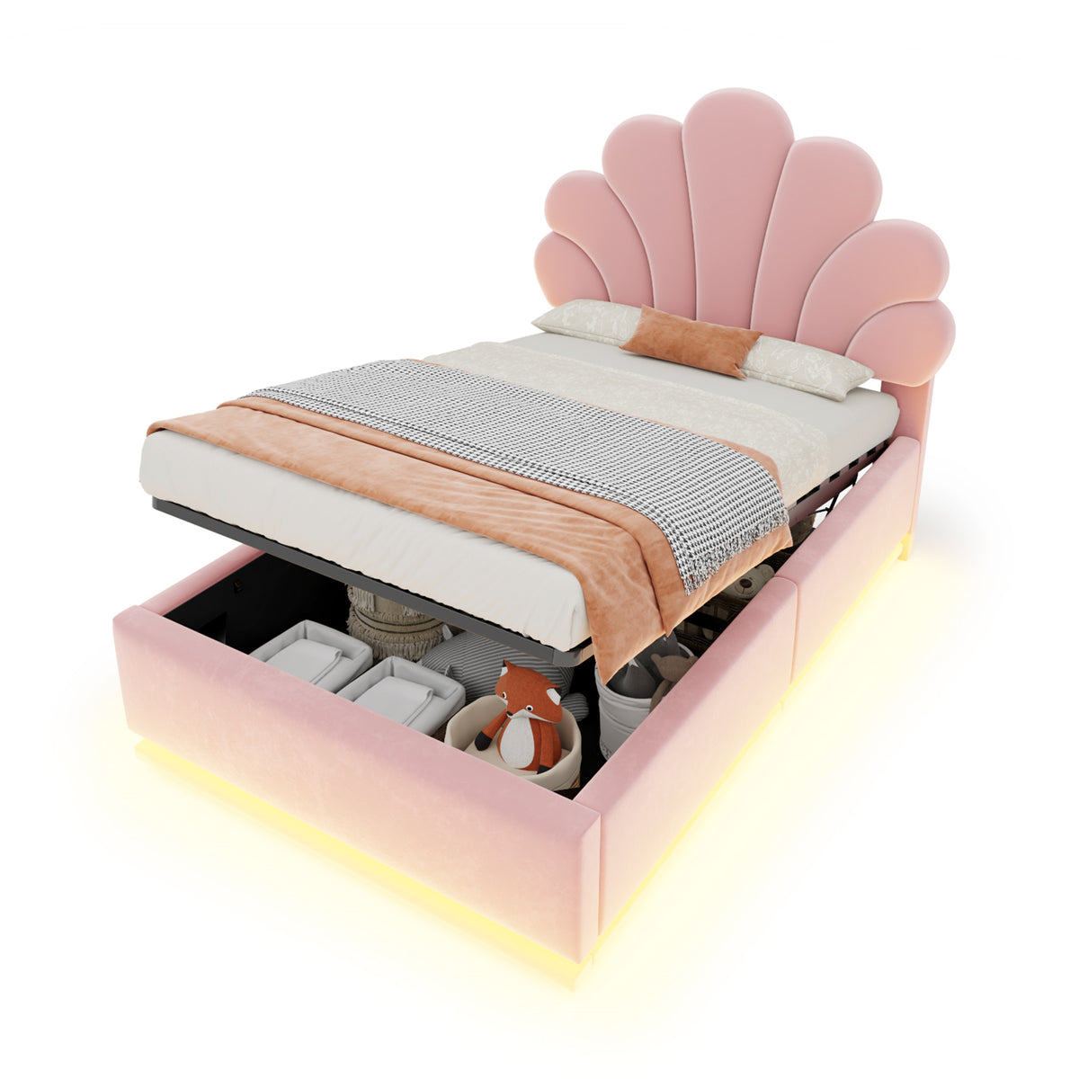 Upholstered Bed 90x200cm, Flower Headboard & Storage, Pink Velvet