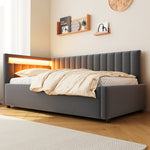 Upholstered Sofa Bed with LED Lighting and Hydraulic Storage, Velvet Beige/Gray