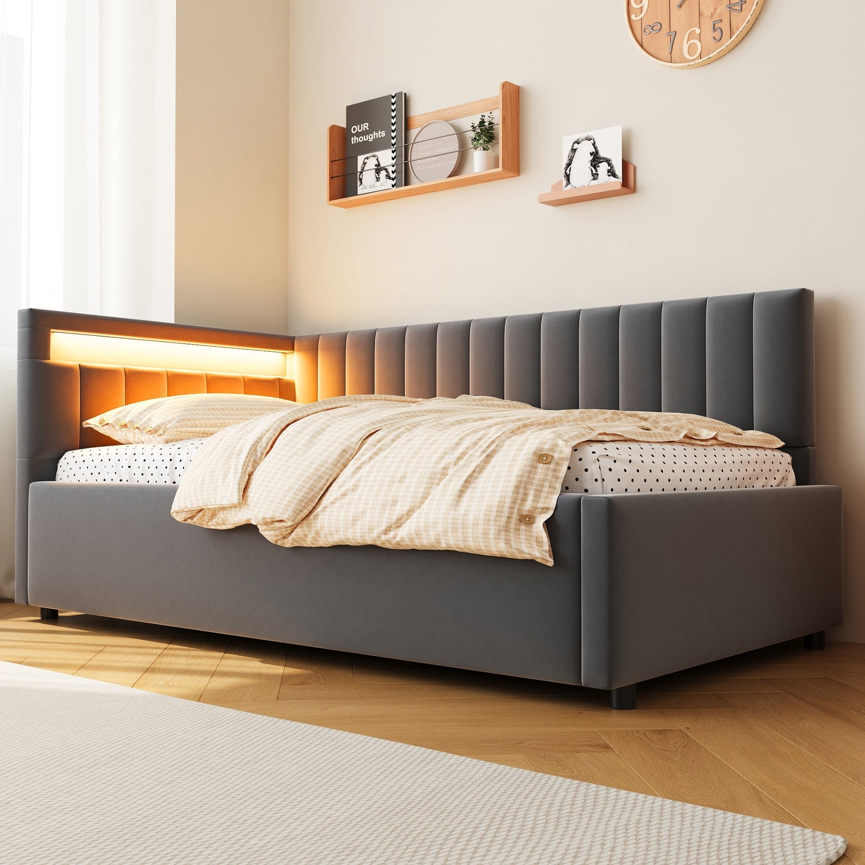 Upholstered Sofa Bed with LED Lighting and Hydraulic Storage, Velvet Beige/Gray