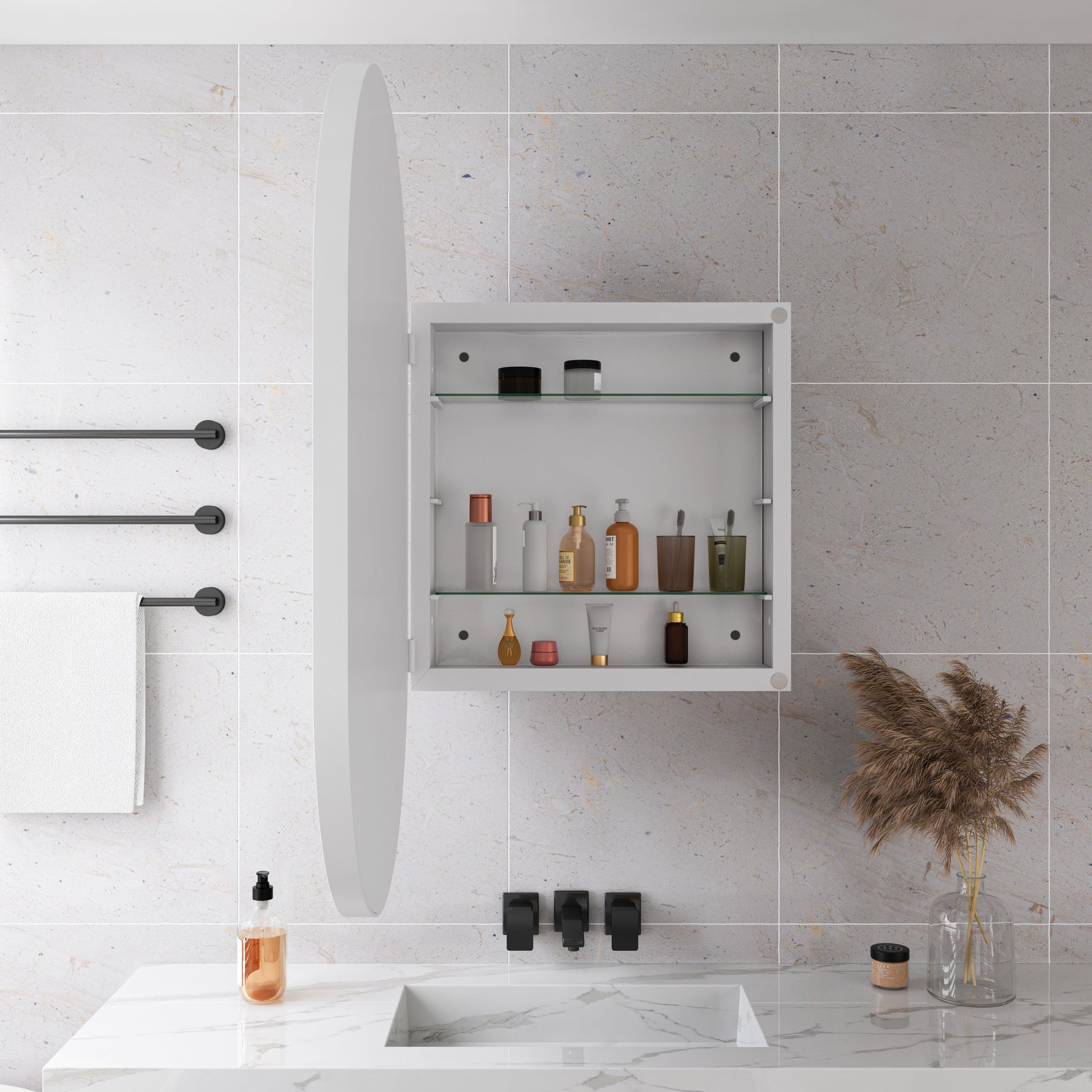 Stylish Oval Mirror Cabinet with Storage & Adjustable Shelves, White