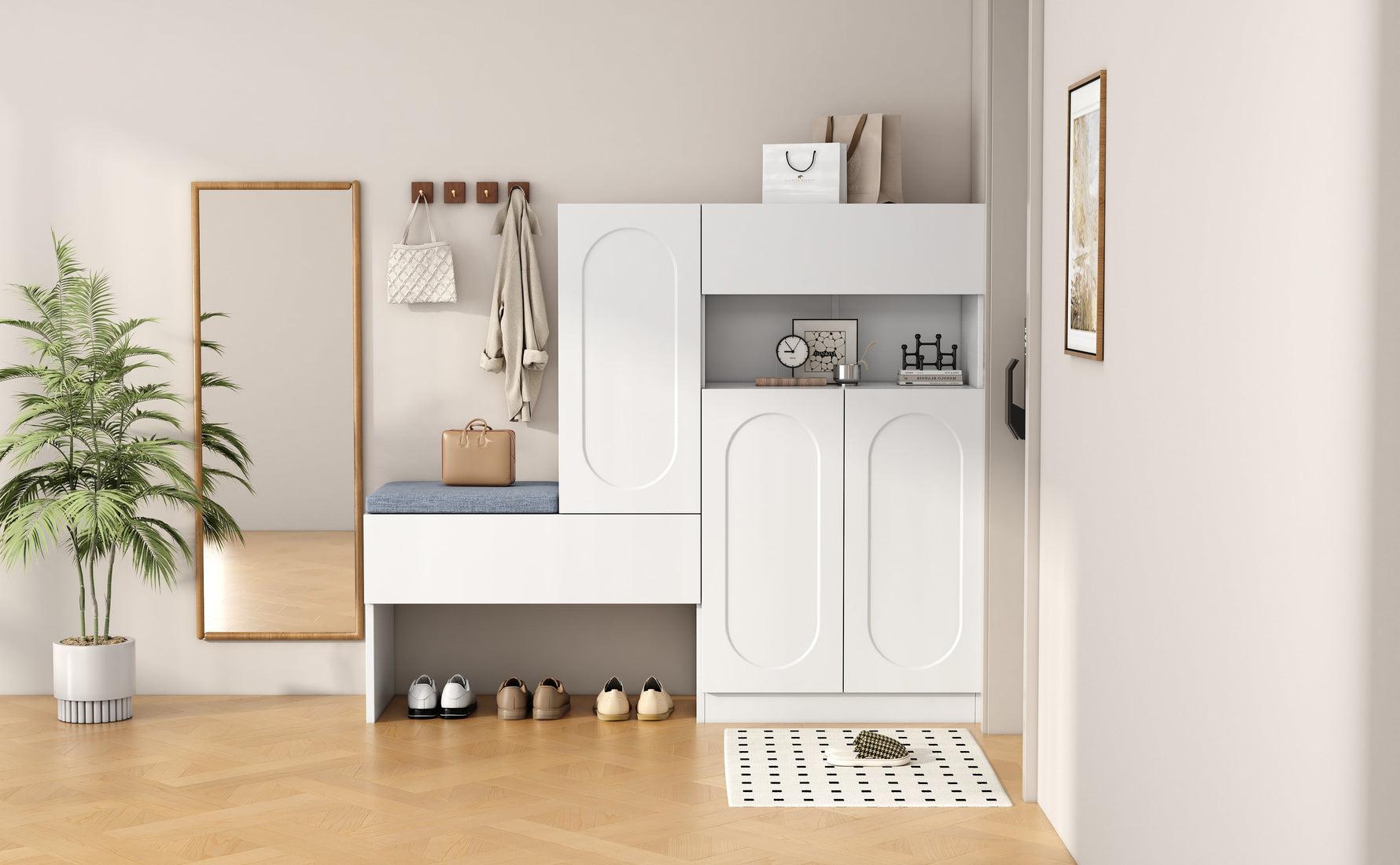 Trendy 2-in-1 Shoe Cabinet with Curved Doors, Soft-Close, Adjustable Compartments, Upholstered Bench, White