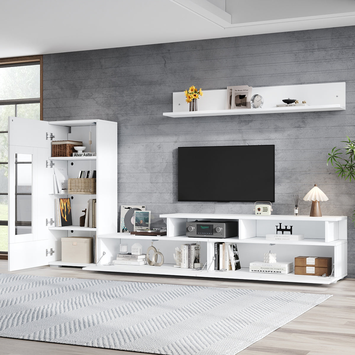 3-Piece TV Wall Unit Set with LED Lighting and High-Gloss Finish, White