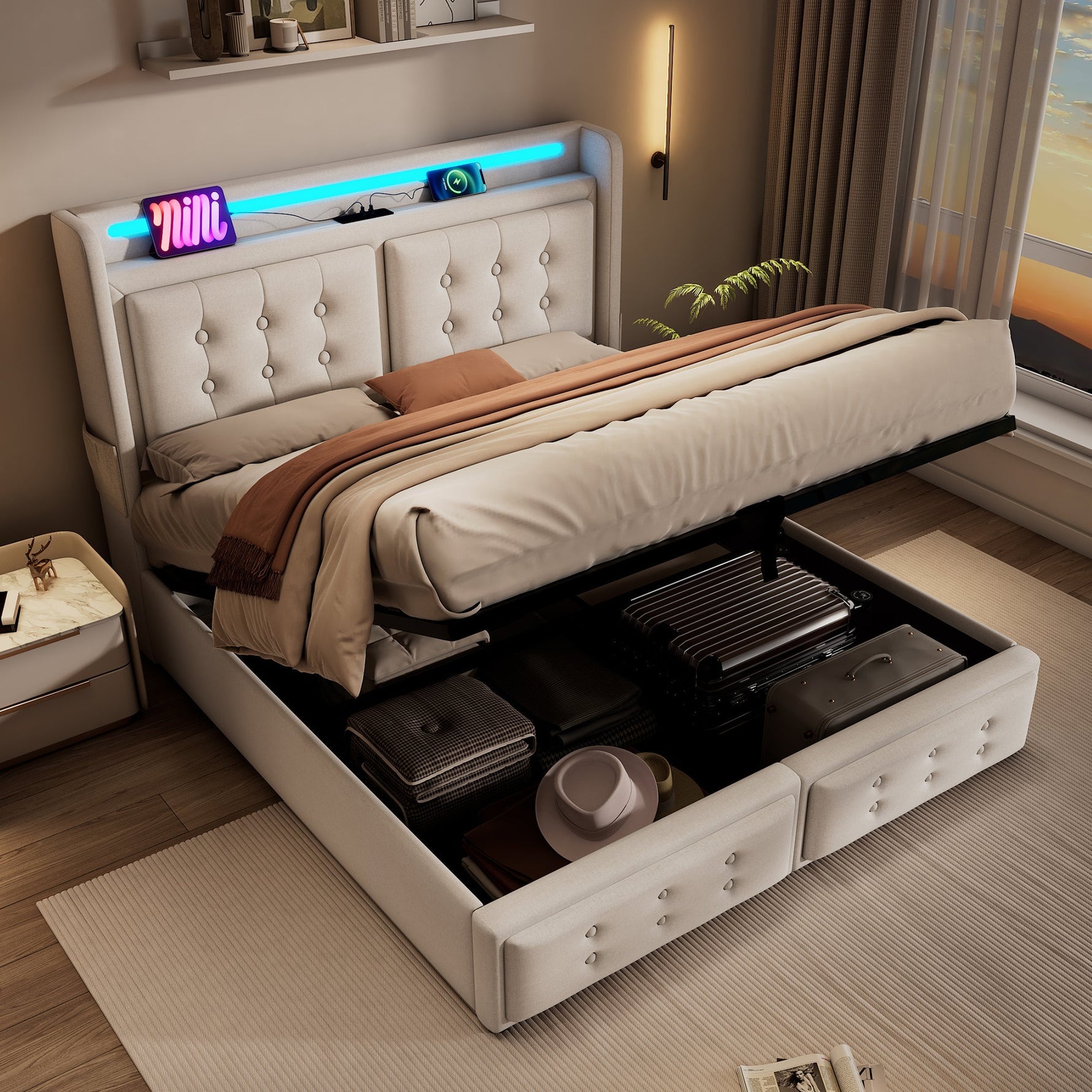 Upholstered Double Bed 180x200cm, Hydraulic Storage, LED Headboard and USB-C Charging, Beige Cotton