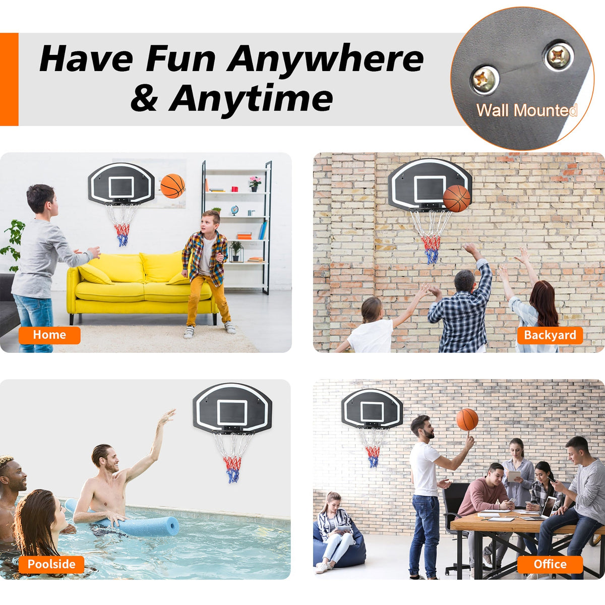 Basketball Hoop, Wall-Mounted 28.5" x 18" Shatterproof, Steel Frame