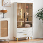 Glass Display Cabinet, 2-Door LED Lighted Tall Storage with Movable Shelves, Golden Legs