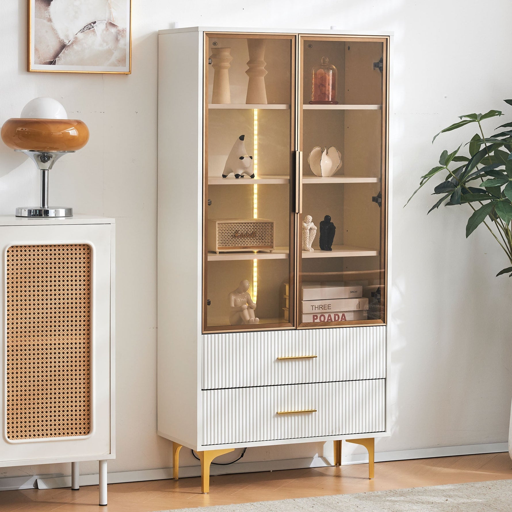 Glass Display Cabinet, 2-Door LED Lighted Tall Storage with Movable Shelves, Golden Legs