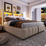Upholstered Bed 180x200cm LED/USB, Hydraulic Storage Headboard, Beige Linen Fabric