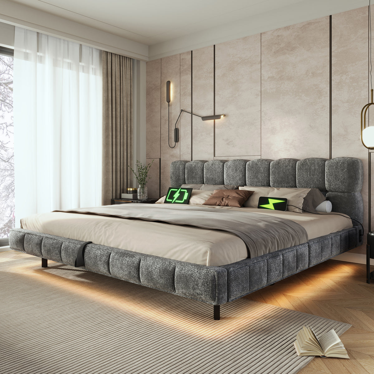 Upholstered Cloud Bed 180x200cm Hydraulic Storage LED, Grey Chenille