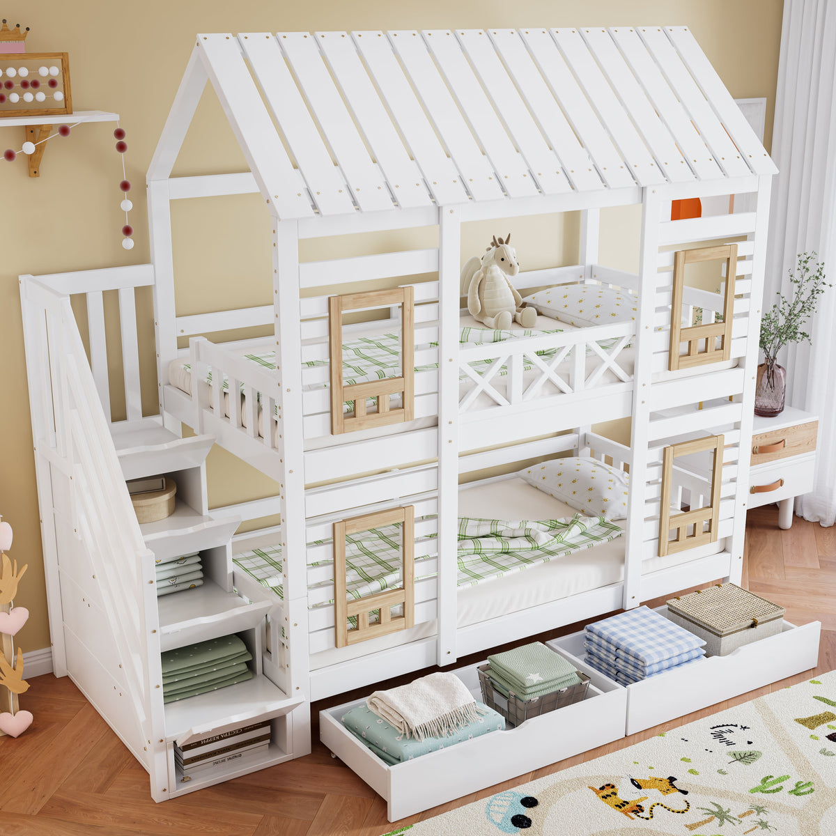 Bunk Bed Children's 90x200cm Safety Rail Storage Drawers Stairs, Pine+MDF White/Natural