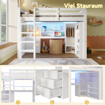 Loft Bed 140x200cm LED Lights Wardrobe Desk Drawers Storage - White