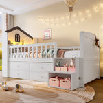 Mid-Height House Bed with Window, 4 Drawers and LED Light Strip, White