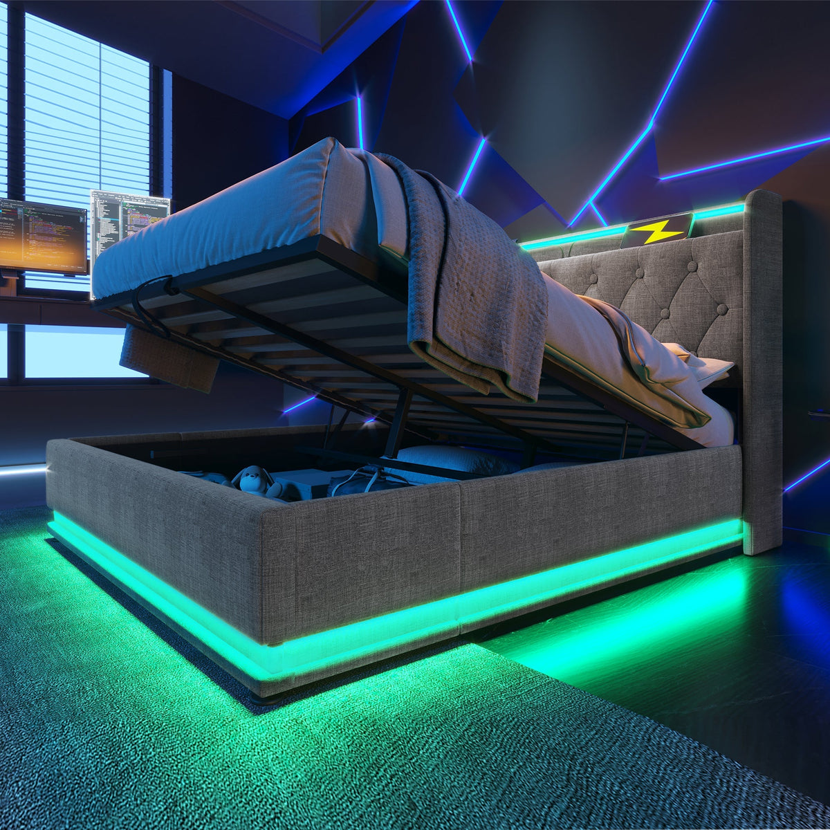 Upholstered Bed Double, 360-Surround LED Hydraulic Storage with USB Type-C, Gray Linen