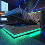 Upholstered Double Bed with LED, Storage & USB, 140x190cm, Grey Linen