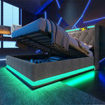Upholstered Bed, 360 LED Hydraulic Storage with USB, Gray Linen