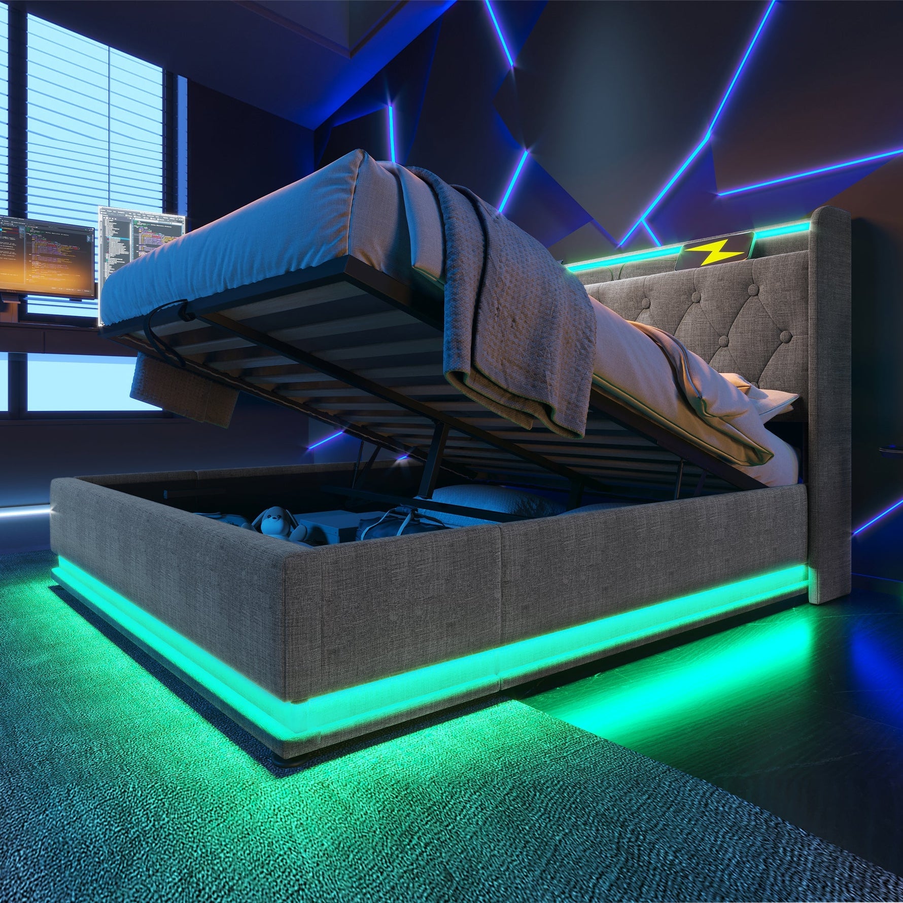 Upholstered Bed, 360 LED Hydraulic Storage with USB, Gray Linen