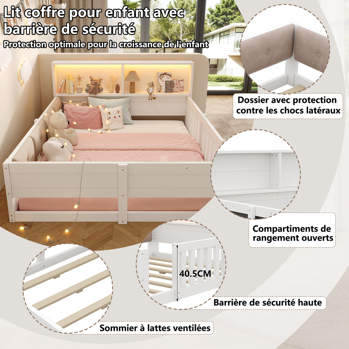Flatbed Kids Bed 140x200cm with LED Light & Railings, White