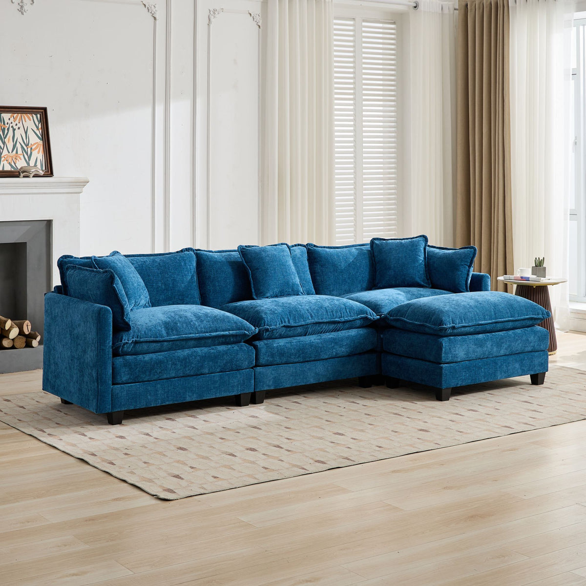 Cloud Sofa Ottoman - Modern Double Layer Upholstered Cushion - Chenille Blue