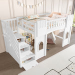 Loft Bed with Storage Stairs and Window, 90x200cm, White Pine Wood + MDF