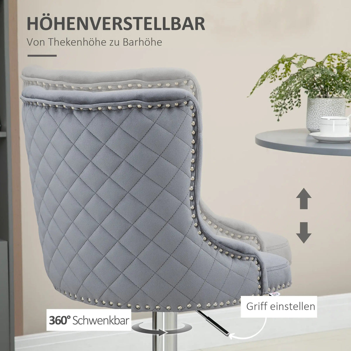 Bar Stools, Set of 2 Swivel Height-Adjustable with Footrest, Light Grey Velvet Look