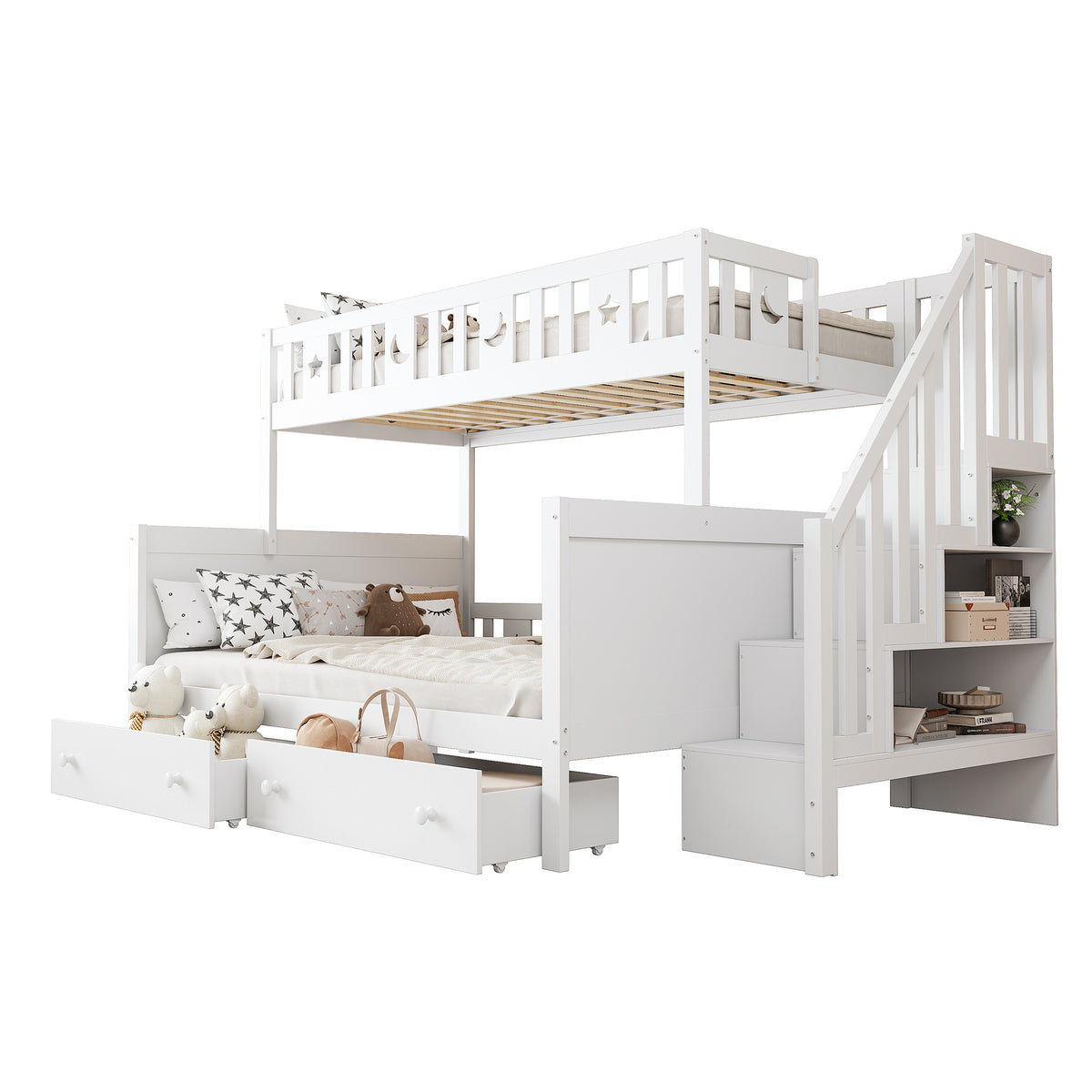 Children's Bunk Bed with Safety Stairs & Drawers, White