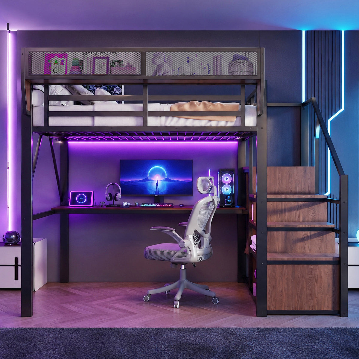 Loft Bed 140x200 with Desk, LED Light & Storage, Black Metal