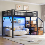 Loft Bed 140x200cm LED Storage Staircase - Black Iron Frame