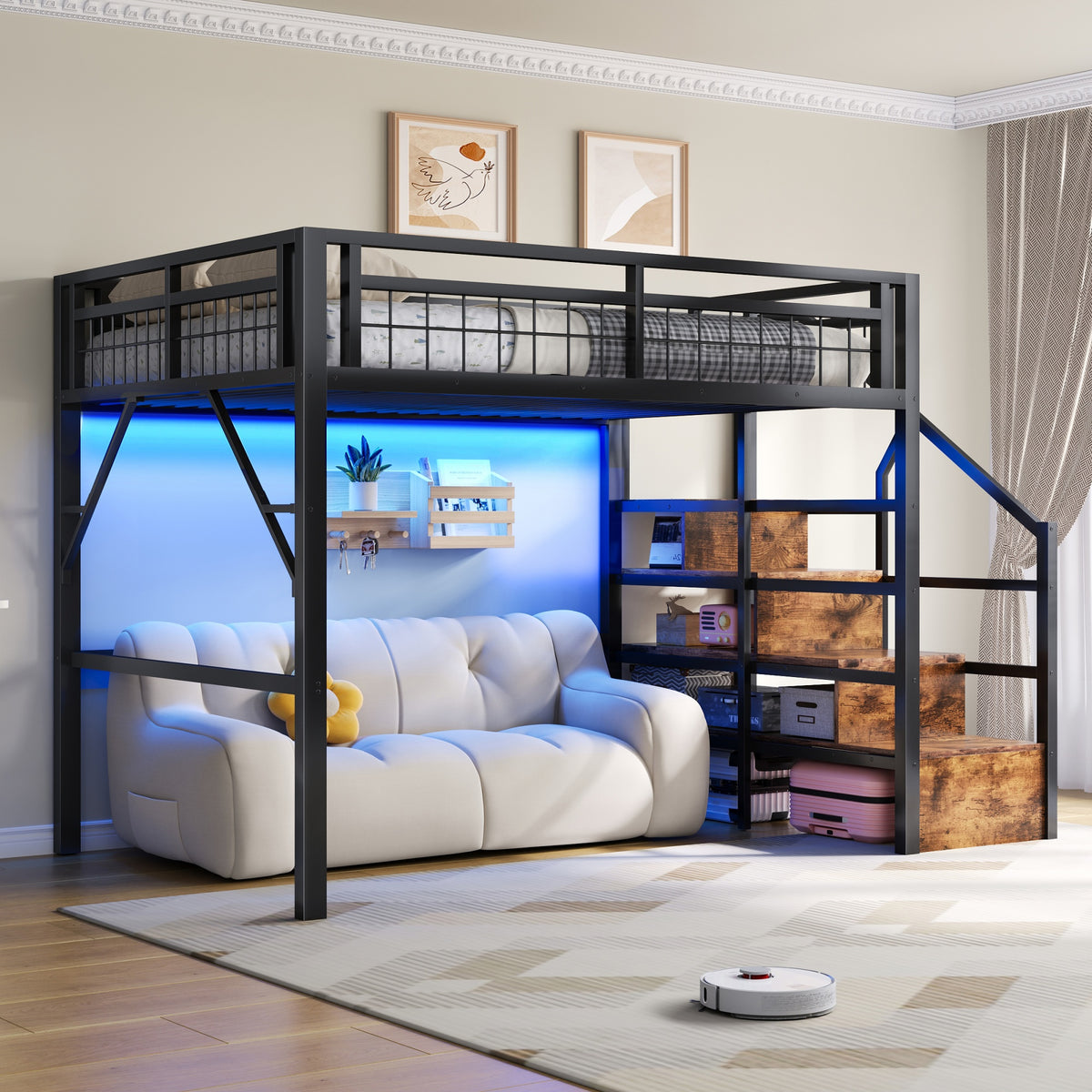 Loft Bed 140x200cm LED Storage Staircase - Black Iron Frame