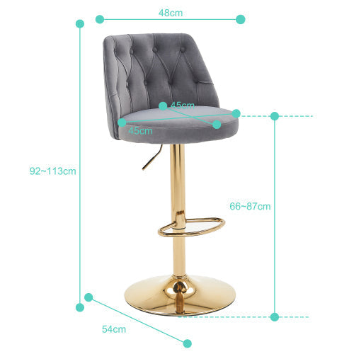 Velvet Bar Stool Adjustable Height Swivel Tufted Backrest Footrest Set of 2 - Black