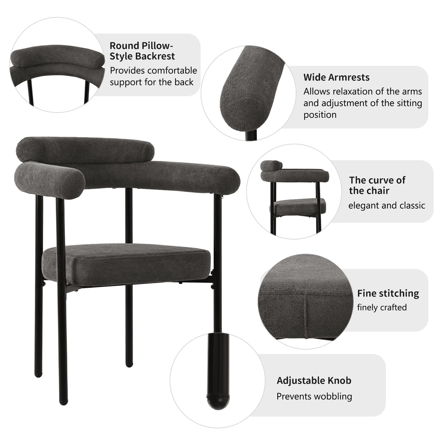 6 Dining Chairs, Modern Simple Comfortable Ring Seat, Dark Grey Suede