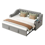 Upholstered Sofa Bed with USB Charging Port, Storage, Slatted Frame, Velvet Fabric, Grey