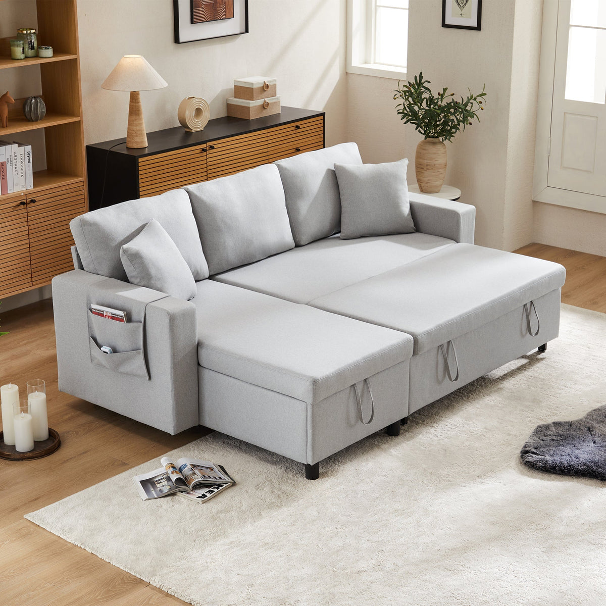 Sleeper Sofa L-Shaped Chaise Longue Reversible Storage with Pocket