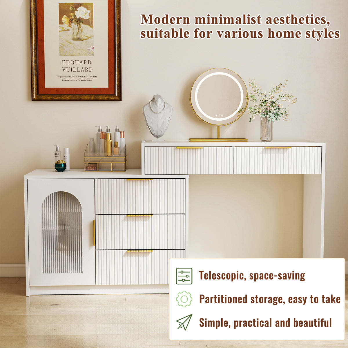 Modern Dressing Table with LED Mirror & Glass Top, White