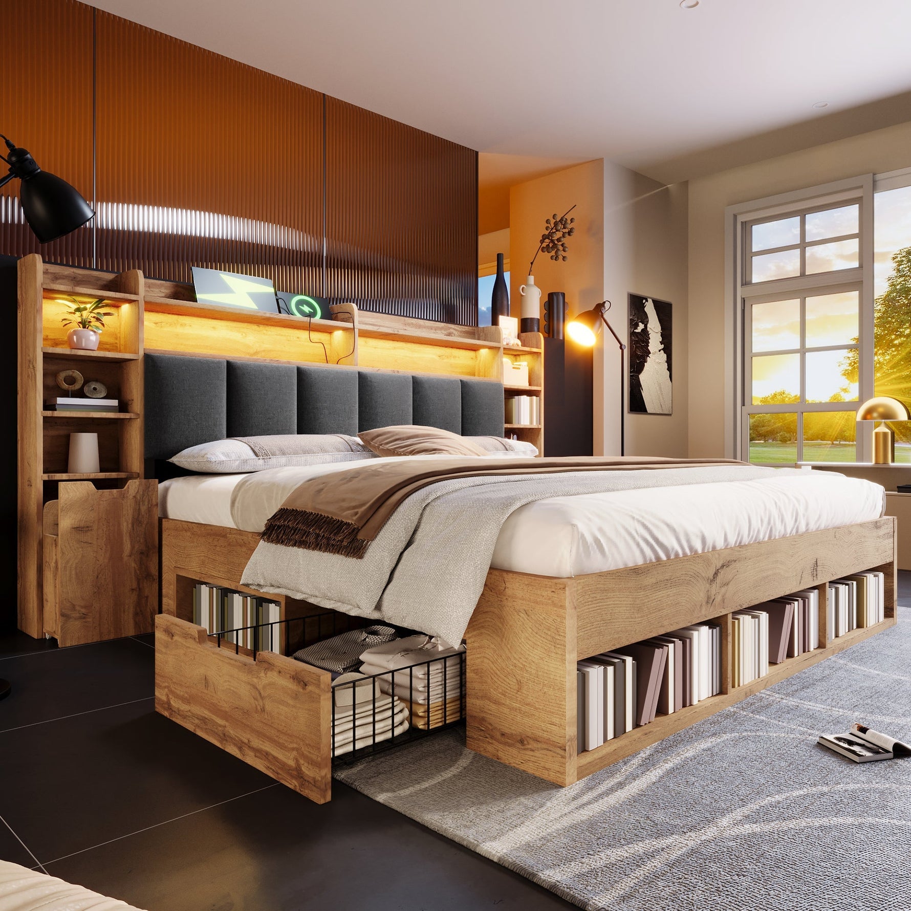 Double Bed System Bed with LED Headboard, Bedside Tables, USB Ports and Storage, 160x200cm, Oak Finish