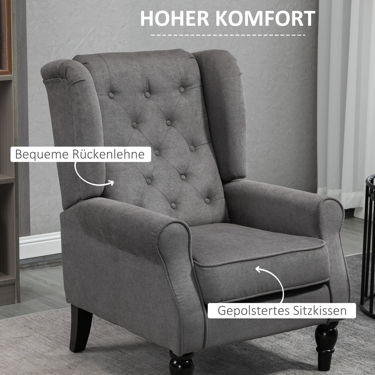 Single Armchair, Wingback Chair, Tufted, Dark Grey Polyester