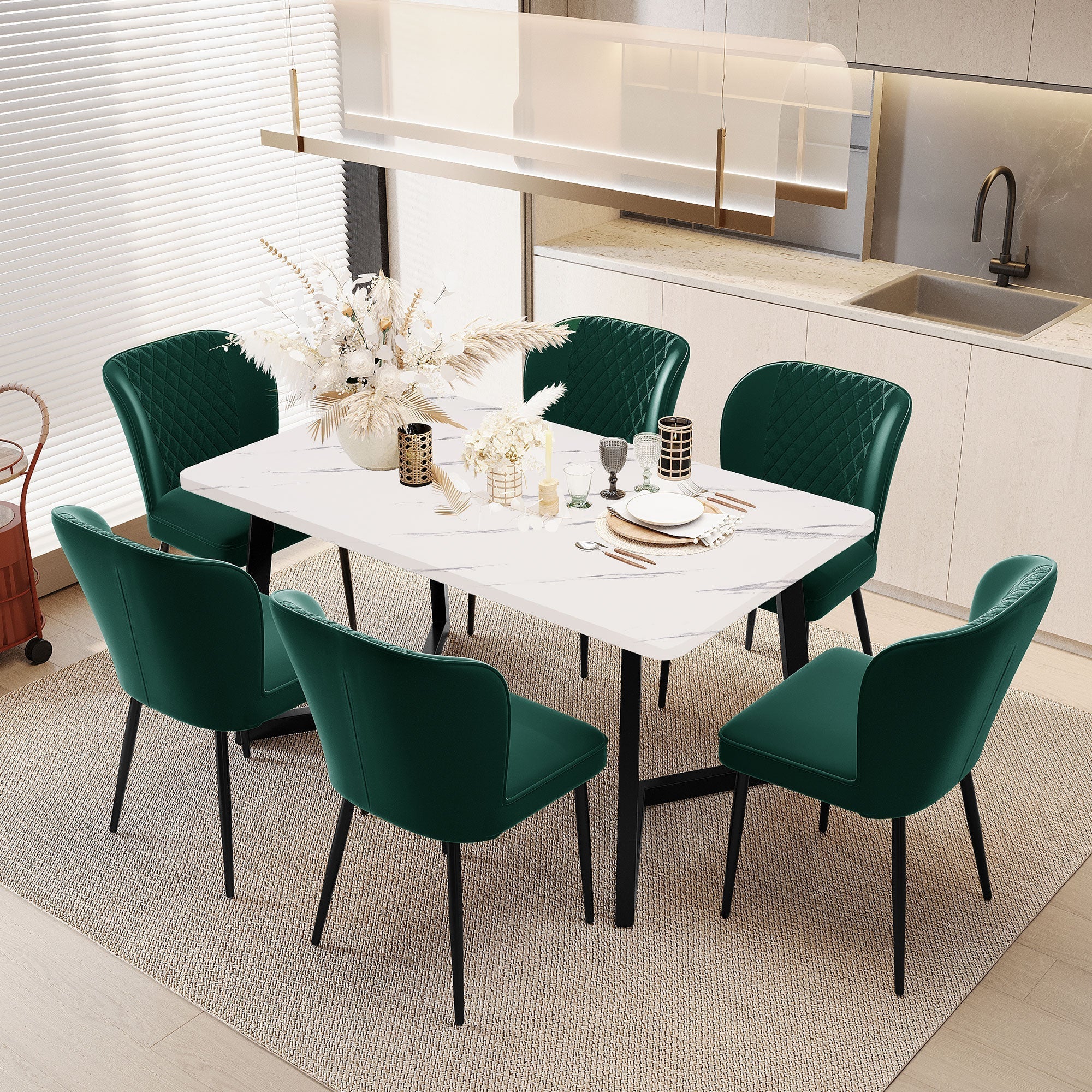 Dining Chair Set of 6 Upholstered Designer Metal Frame Dark Green Velvet