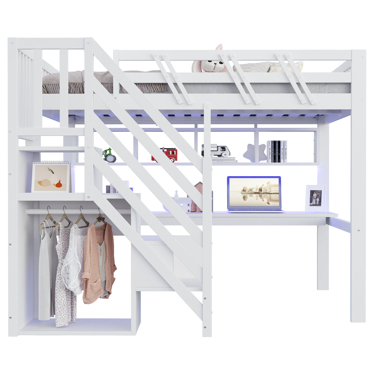 Solid Wood Bed 140x200 with Desk, Storage & LED - White