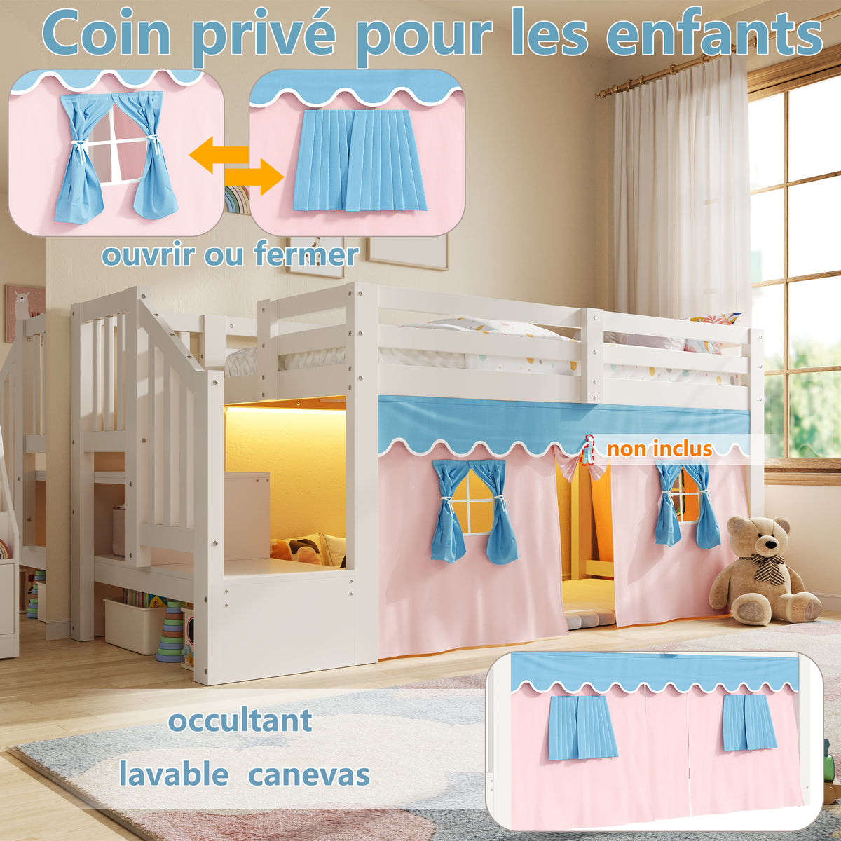 Mid-Height Bed 90x200cm with LED Light & Curtains, White Pine