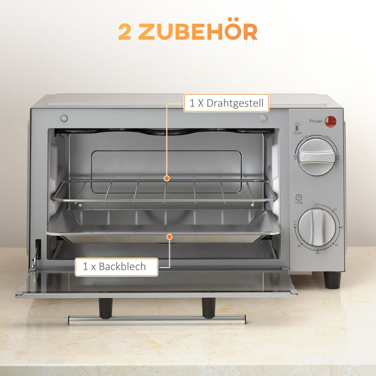 Mini Oven 9L, Baking Tray, Grill Rack, 100-230°C, 60-Min Timer, 750W, Stainless Steel, Silver