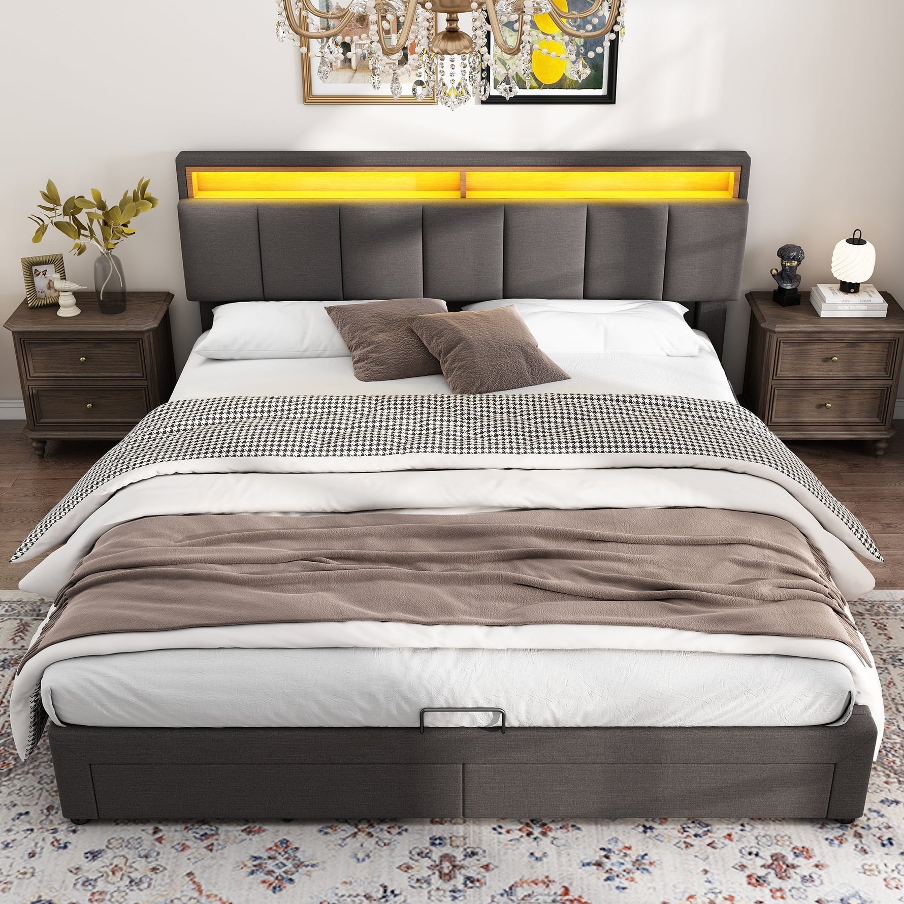 Upholstered Double Bed 160x200cm Hydraulic Storage LED Stowable Headboard - Linen Grey
