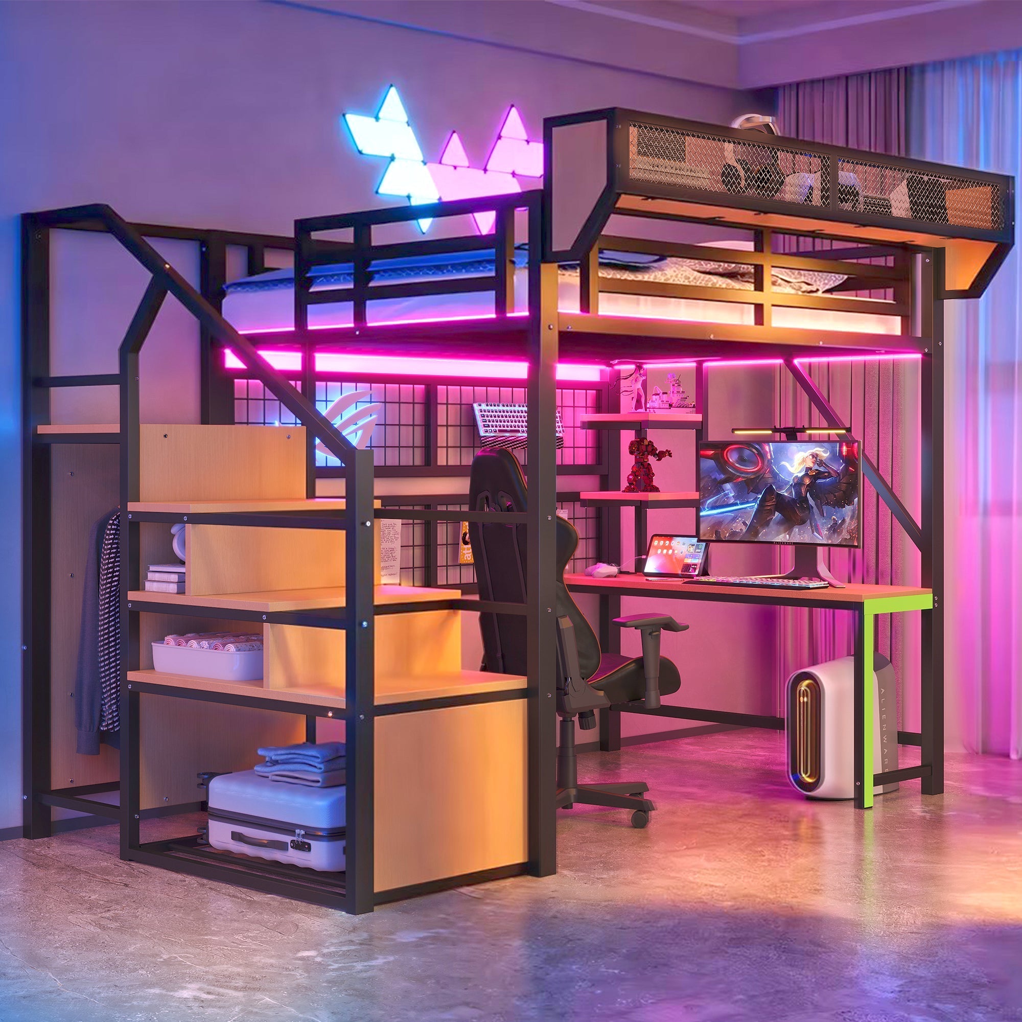 Metal Loft Bed with Desk, Shelf, Storage Net, LED and Socket, 140x200cm, Black Metal