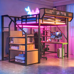 Metal Loft Bed with Desk, Shelf, Storage Net, LED and Socket, 140x200cm, Black Metal